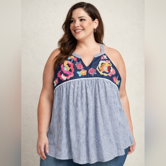 Savanna Jane Tops - Savanna Jane - Floral Embroidered Blue Sleeveless Top